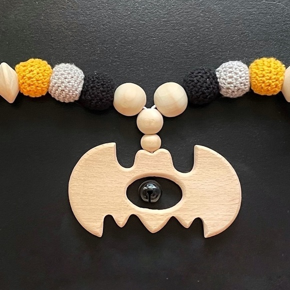 BAT WOODEN STROLLER CHAIN, RATTLE, AND PACIFIER CLIP - Picture 3 of 7